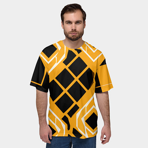Мужская футболка оверсайз Чёрные квадраты и белые полосы на оранжевом фоне / 3D-принт – фото 3