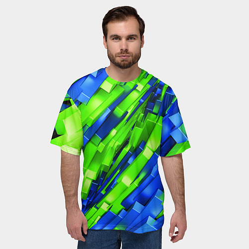 Мужская футболка оверсайз Сине-зеленые наклонные блоки / 3D-принт – фото 3