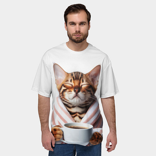 Мужская футболка оверсайз Котик в халате / 3D-принт – фото 3