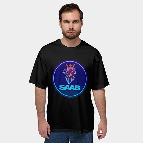 Мужская футболка оверсайз Saab logo neon / 3D-принт – фото 3