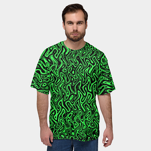 Мужская футболка оверсайз Чёрно-зелёный абстрактный узор / 3D-принт – фото 3