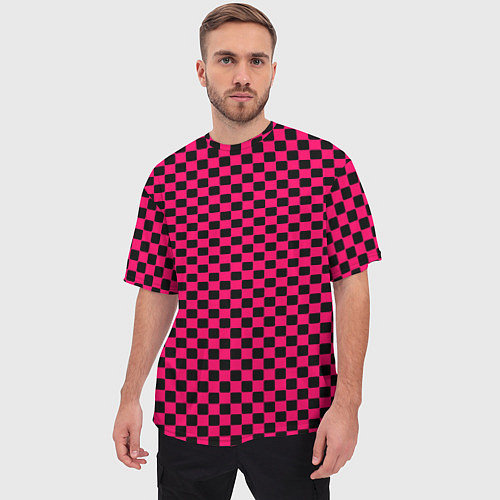 Мужская футболка оверсайз Паттерн розовый клетка / 3D-принт – фото 3