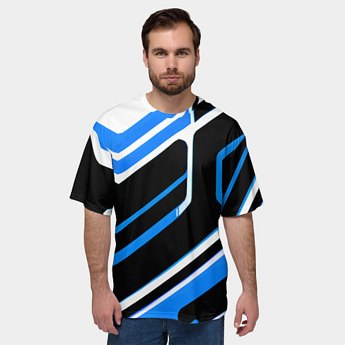 Мужская футболка оверсайз Бело-синие линии на чёрном фоне / 3D-принт – фото 3