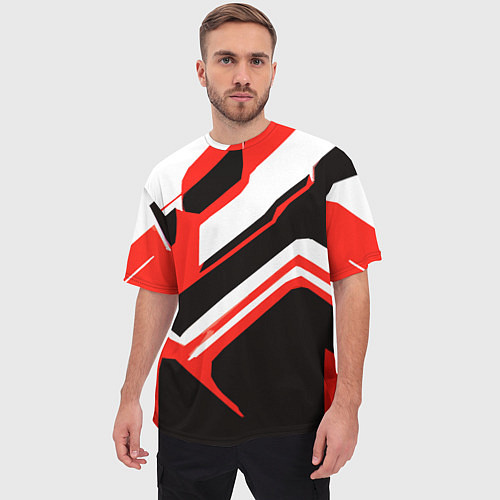 Мужская футболка оверсайз Бело-красные линии на чёрном фоне / 3D-принт – фото 3