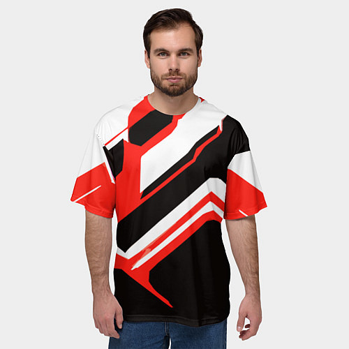 Мужская футболка оверсайз Бело-красные линии на чёрном фоне / 3D-принт – фото 3