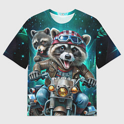 Футболка оверсайз мужская Модный енот байкер на мотоцикле, цвет: 3D-принт