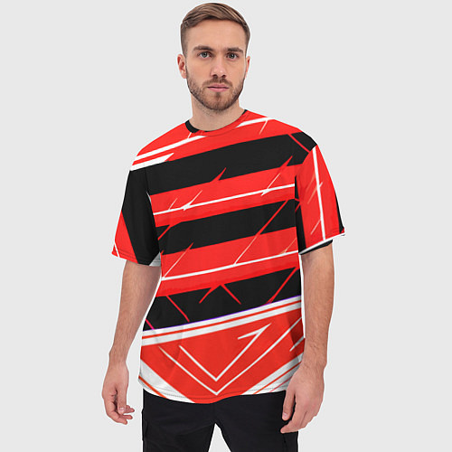 Мужская футболка оверсайз Чёрно-белые полосы на красном фоне / 3D-принт – фото 3