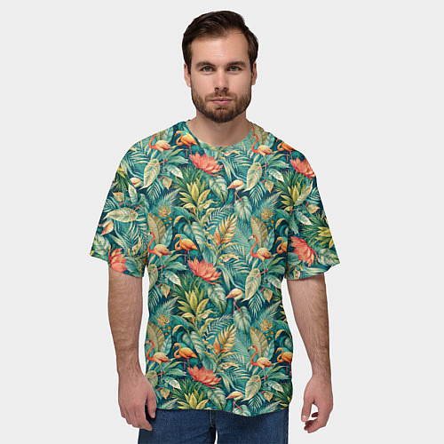 Мужская футболка оверсайз Тропический фламинго в цветах / 3D-принт – фото 3