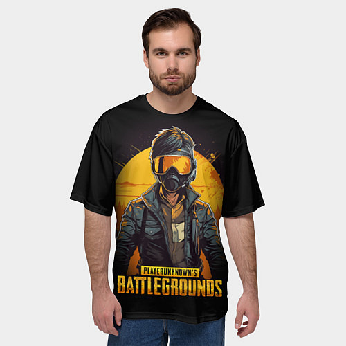 Мужская футболка оверсайз PUBG игрок на закате черный фон / 3D-принт – фото 3