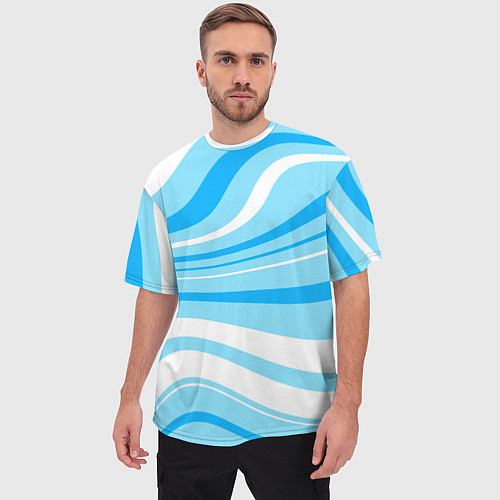 Мужская футболка оверсайз Бело-голубой волистые линии / 3D-принт – фото 3