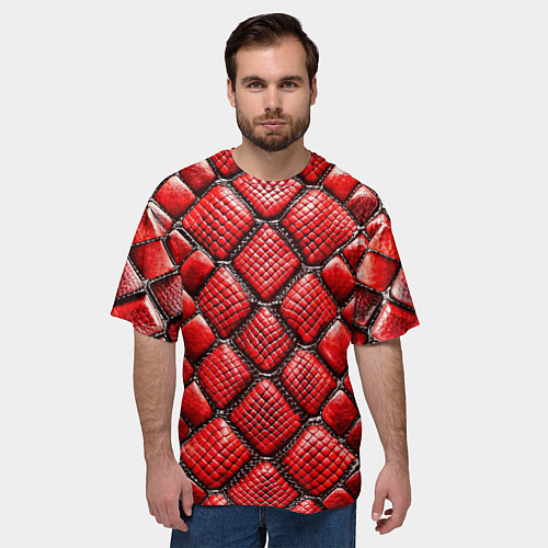 Мужская футболка оверсайз Змеиная объемная текстурная красная кожа / 3D-принт – фото 3
