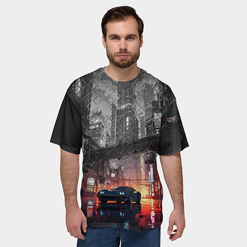 Мужская футболка оверсайз Спорткар на ночной улице / 3D-принт – фото 3