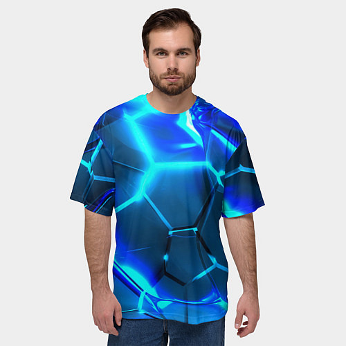 Мужская футболка оверсайз Неоновые холодные голубые плиты в разломе / 3D-принт – фото 3