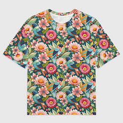 Мужская футболка оверсайз Тропические птицы в цветах