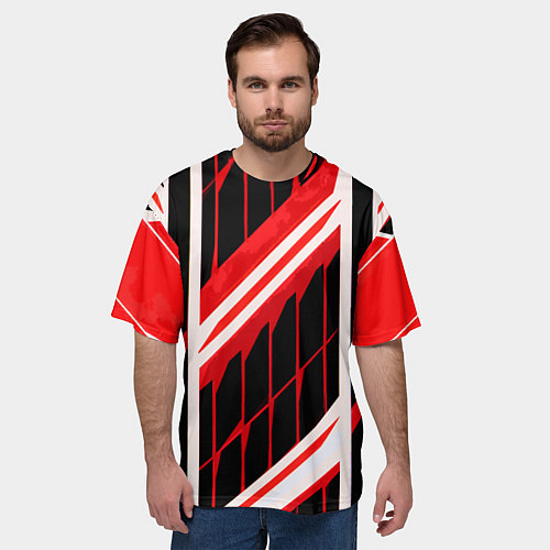 Мужская футболка оверсайз Red and white lines on a black background / 3D-принт – фото 3