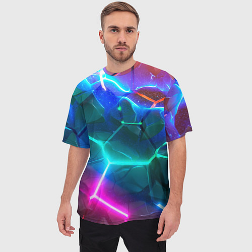 Мужская футболка оверсайз Яркие неоновые радужные разбитые плиты / 3D-принт – фото 3