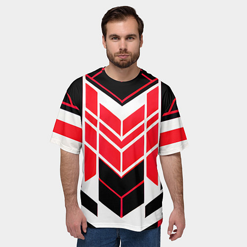 Мужская футболка оверсайз Red and white lines on a black background / 3D-принт – фото 3
