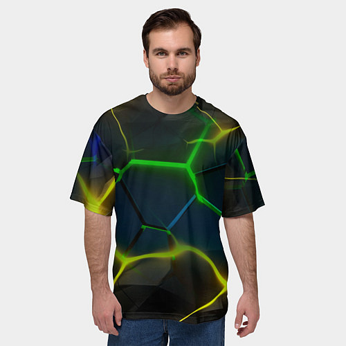 Мужская футболка оверсайз Неоновые яркие зеленые плиты с желтым светом / 3D-принт – фото 3