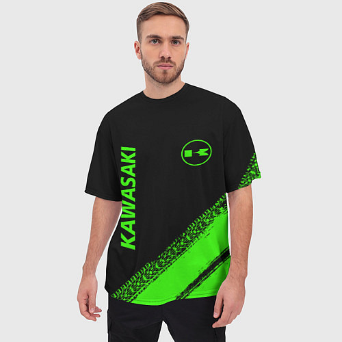 Мужская футболка оверсайз Kawasaki - logo / 3D-принт – фото 3