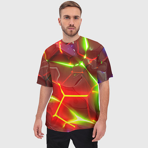 Мужская футболка оверсайз Неоновые красные плиты с ярким светом / 3D-принт – фото 3