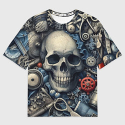 Футболка оверсайз мужская Стимпанк композиция с черепом - нейросеть, цвет: 3D-принт