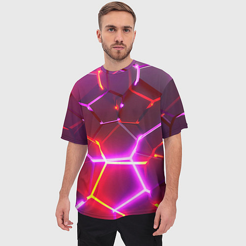 Мужская футболка оверсайз Красные плиты с фиолетовым свечением / 3D-принт – фото 3