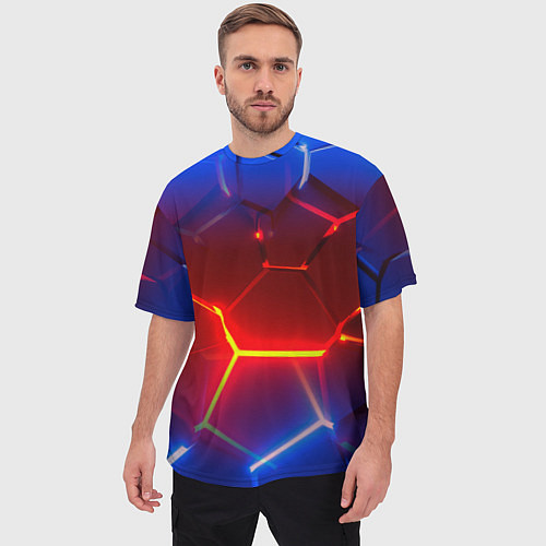 Мужская футболка оверсайз Светящиеся лавой неоновые плиты в разломе / 3D-принт – фото 3