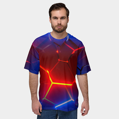 Мужская футболка оверсайз Светящиеся лавой неоновые плиты в разломе / 3D-принт – фото 3