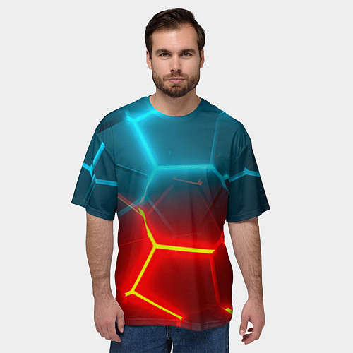 Мужская футболка оверсайз Голубые и красные неоновые плиты в разломе / 3D-принт – фото 3