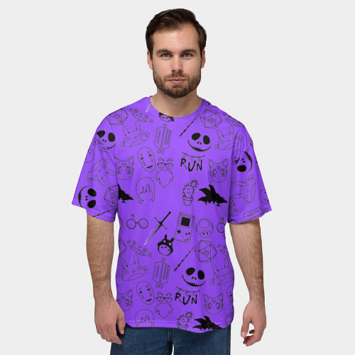 Мужская футболка оверсайз Хэллоуин узор на фиолетовом фоне / 3D-принт – фото 3