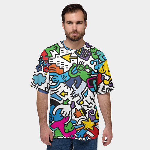 Мужская футболка оверсайз Странные разноцветные человечки / 3D-принт – фото 3