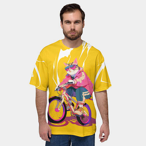 Мужская футболка оверсайз Кот на велосипеде жёлтый фон / 3D-принт – фото 3