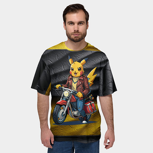 Мужская футболка оверсайз Пикачу байкер на мотоцикле / 3D-принт – фото 3