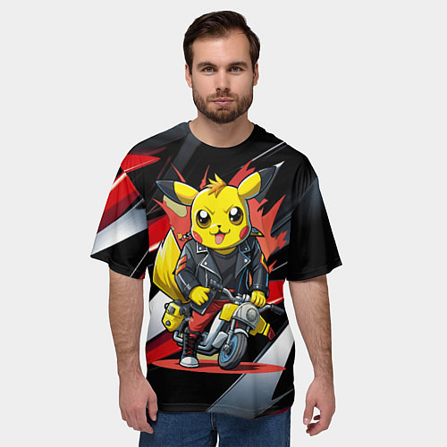Мужская футболка оверсайз Пикачу байкер на мотоцикле / 3D-принт – фото 3