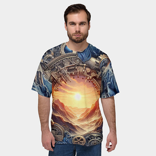 Мужская футболка оверсайз Закат солнца в горах - стимпанк коллаж / 3D-принт – фото 3