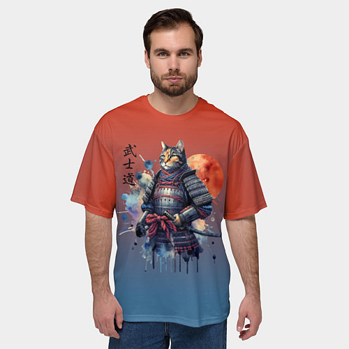 Мужская футболка оверсайз Кот самурай - бусидо / 3D-принт – фото 3