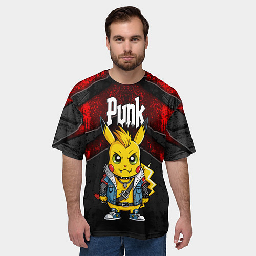 Мужская футболка оверсайз Пикачу панк на фоне красных разломов черной тексту / 3D-принт – фото 3