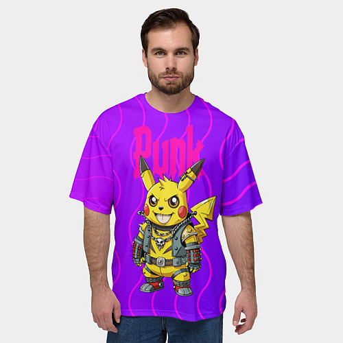 Мужская футболка оверсайз Пикачу панк в розовом стиле / 3D-принт – фото 3