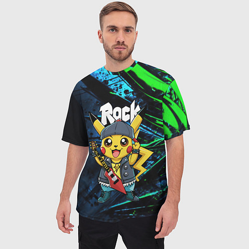Мужская футболка оверсайз Радостный Пикачу рок звезда / 3D-принт – фото 3