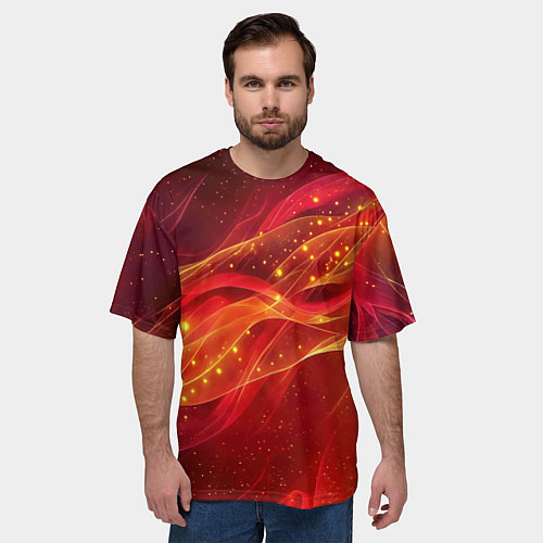 Мужская футболка оверсайз Красные и оранжевые линии с золотым блеском / 3D-принт – фото 3