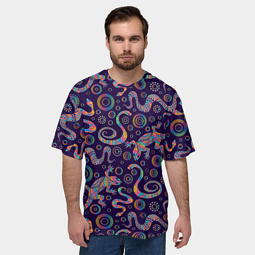 Мужская футболка оверсайз Узор ярких ящериц и змей / 3D-принт – фото 3