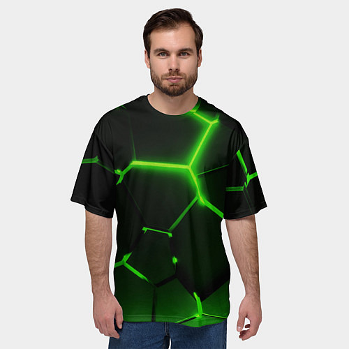 Мужская футболка оверсайз Темные зеленые неоновые плиты в разломе / 3D-принт – фото 3