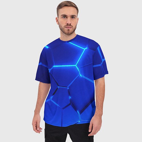 Мужская футболка оверсайз Яркие синие неоновые плиты в разломе / 3D-принт – фото 3