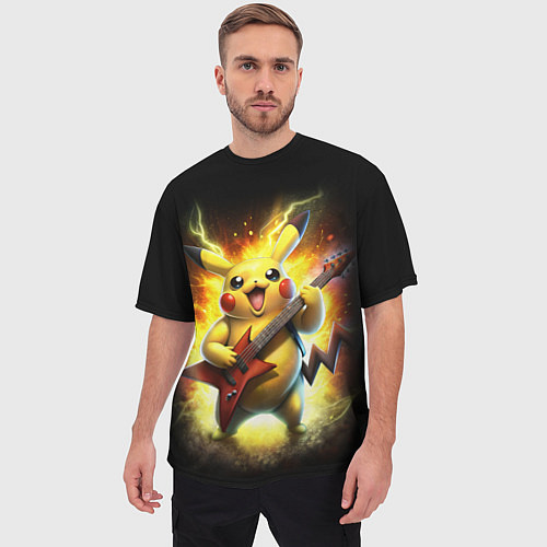 Мужская футболка оверсайз Пикачу рок звезда с электрогитарой / 3D-принт – фото 3
