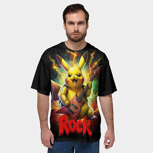 Мужская футболка оверсайз Пикачу рок звезда с электрогитарой / 3D-принт – фото 3