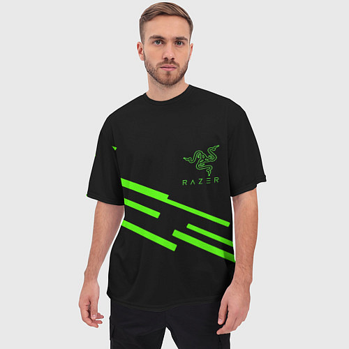 Мужская футболка оверсайз Razer line green / 3D-принт – фото 3