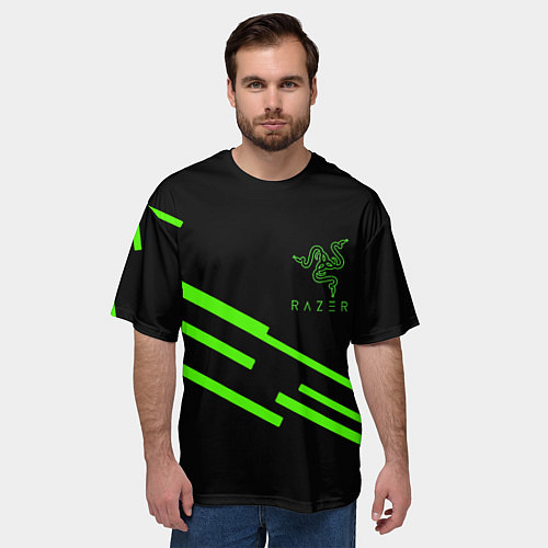 Мужская футболка оверсайз Razer line green / 3D-принт – фото 3