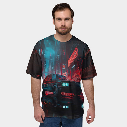 Мужская футболка оверсайз Автомобиль в неоновом городе / 3D-принт – фото 3