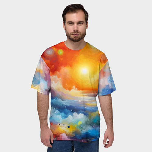 Мужская футболка оверсайз Закат солнца - разноцветные облака / 3D-принт – фото 3