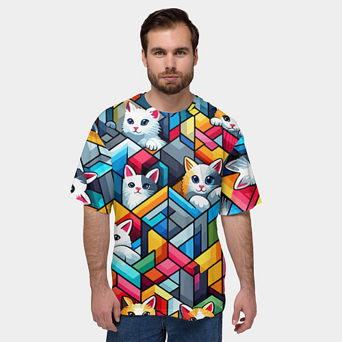 Мужская футболка оверсайз Геометрический паттерн с котятами - нейросеть / 3D-принт – фото 3